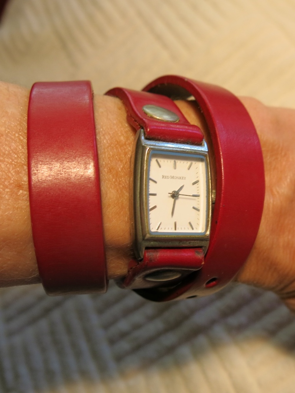 Red Monkey Triple Wrap Watch in red leather